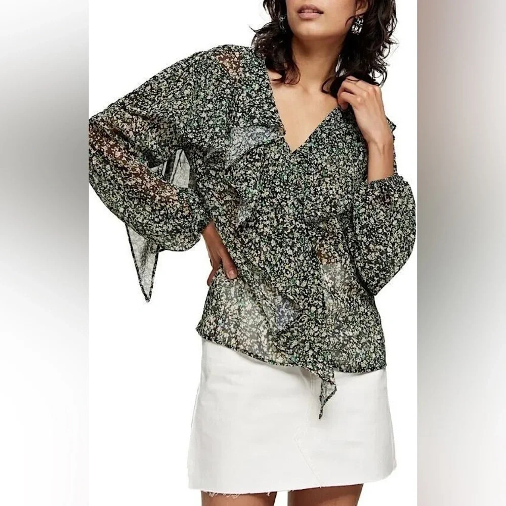 Topshop Sheer Floral Ruffle Puff Sleeve Chiffon Whimsigoth Romantic Blouse 6